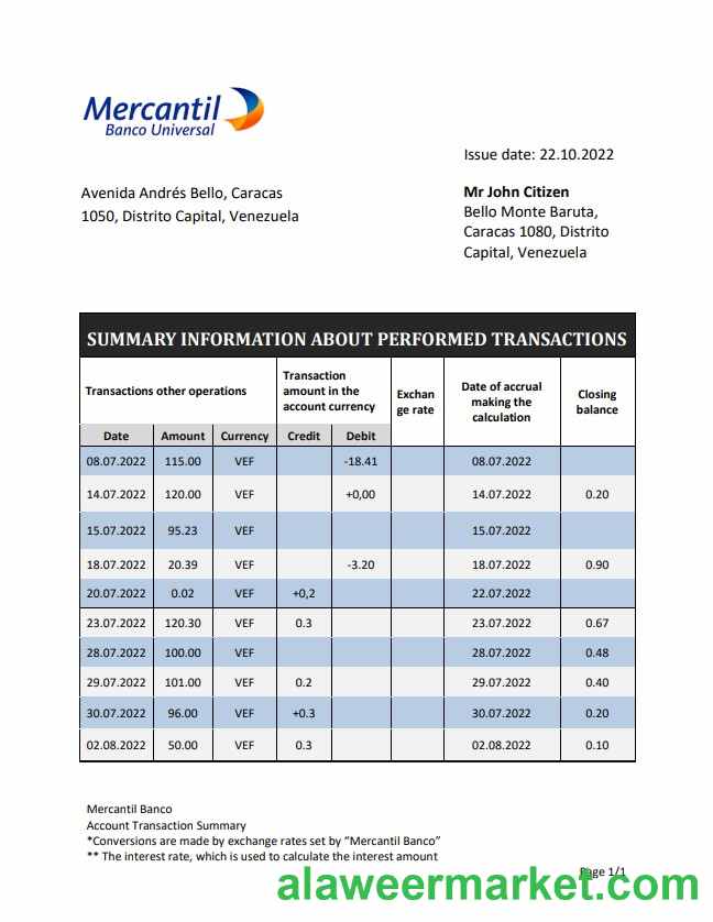 Venezuela Mercantil bank statement